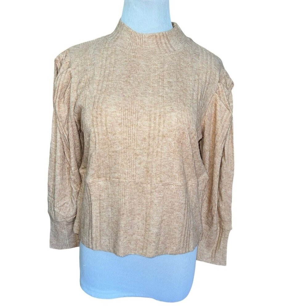 BOG Band of the Free Tan Camel Long Puff Sleeve Mock Neck Knit Blouse Large New